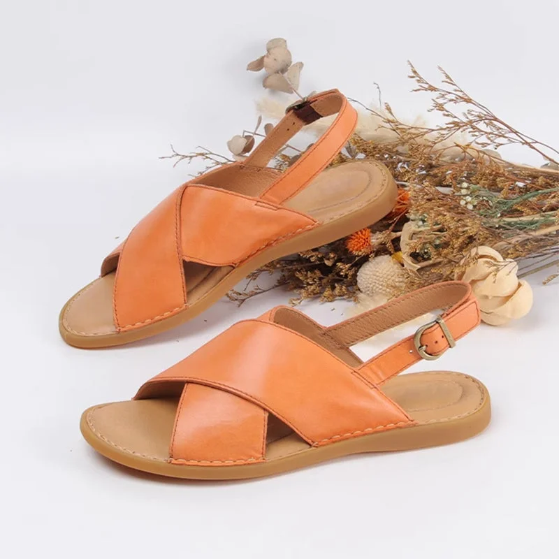 Women's Wide Strap Peep Toe Leather Flat Sandals Shoes