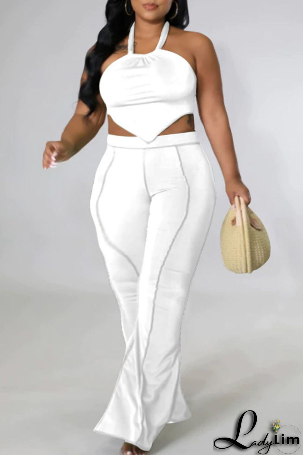 Black Sexy Solid Split Joint Backless Asymmetrical Halter Plus Size Two Pieces
