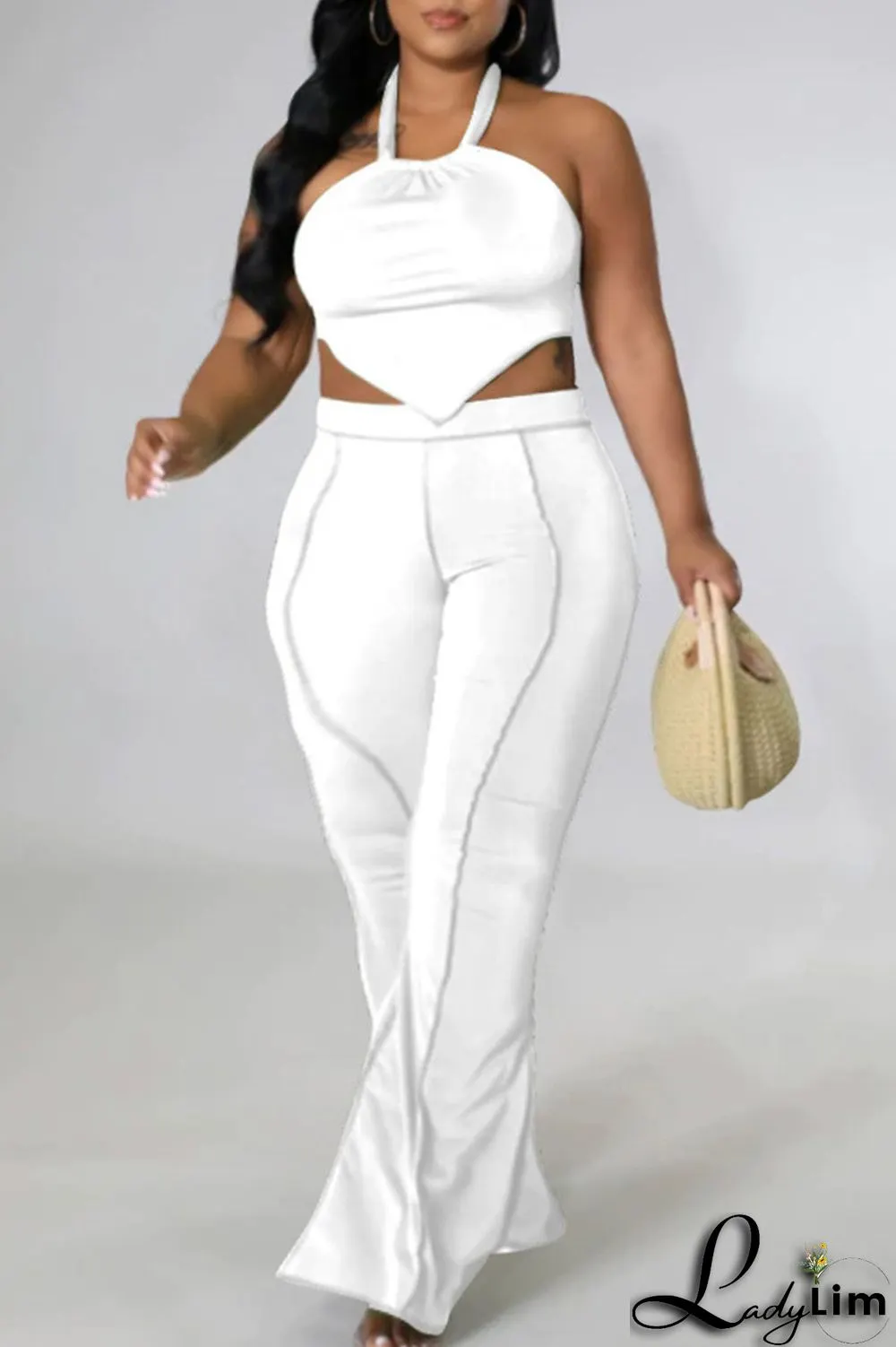 Black Sexy Solid Split Joint Backless Asymmetrical Halter Plus Size Two Pieces
