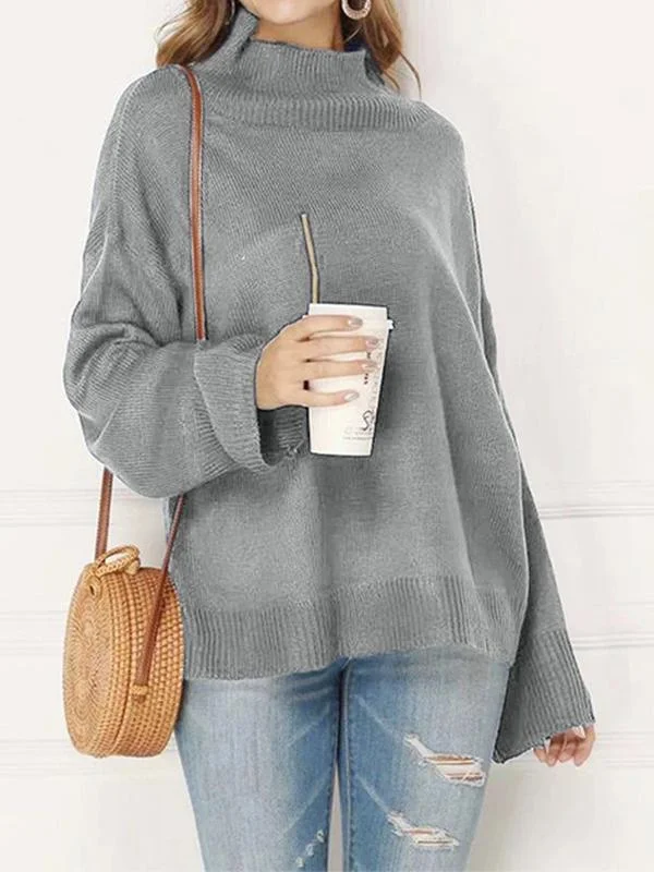 Mid-high neck sweater round neck pullover knit women