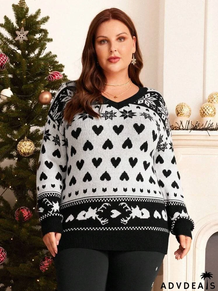 Plus Heart & Geo Pattern Drop Shoulder Sweater
