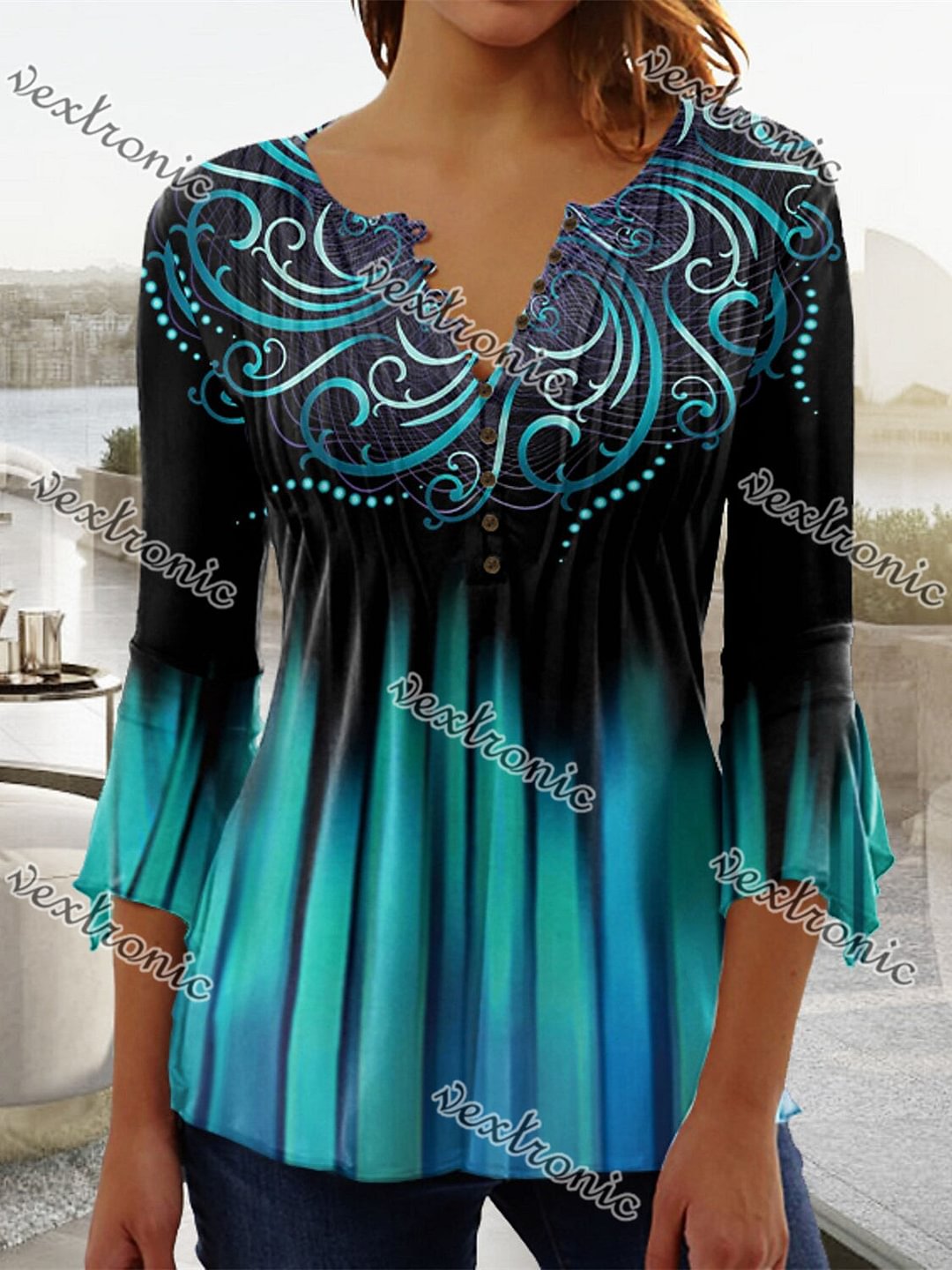 Women's Long Sleeve V-neck Graphic Floral Printed Top