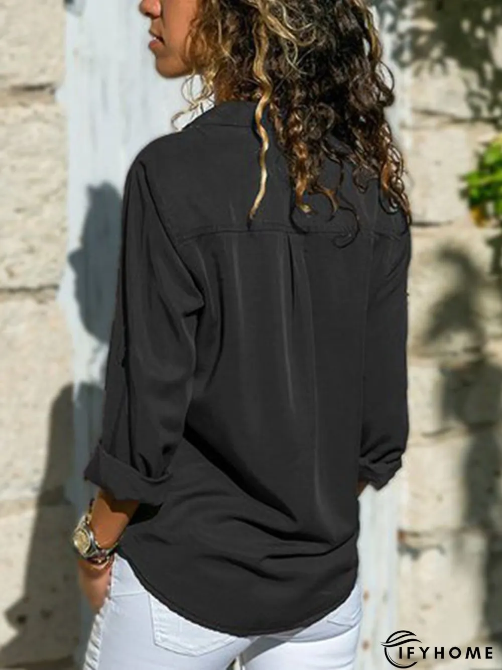 Women Fashion Turn Down Collar Solid  V Neck Long Sleeve Blouse | IFYHOME