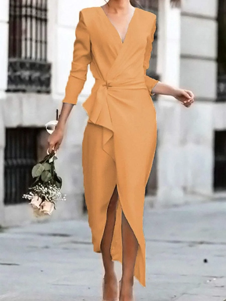 Elegant V-Neck A Long Sleeve Midi Dress