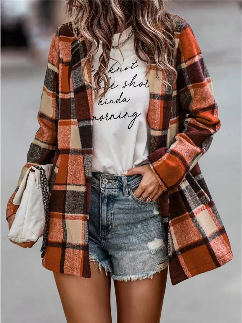 Loose Plaid Print Long Sleeve Pocket Woolen Coat