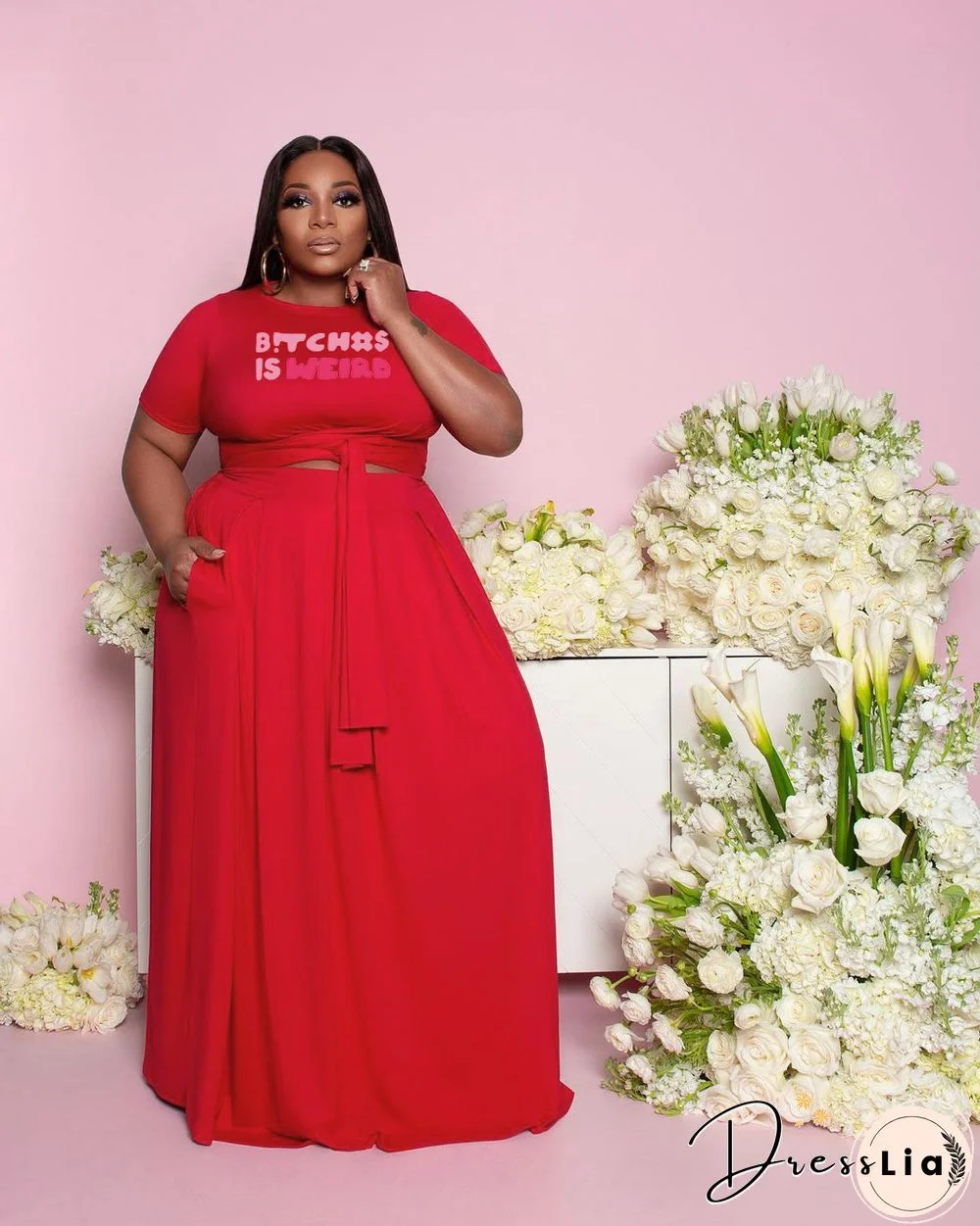 Lace Up T Shirts Maxi Skirts Plus Size Two Piece Set