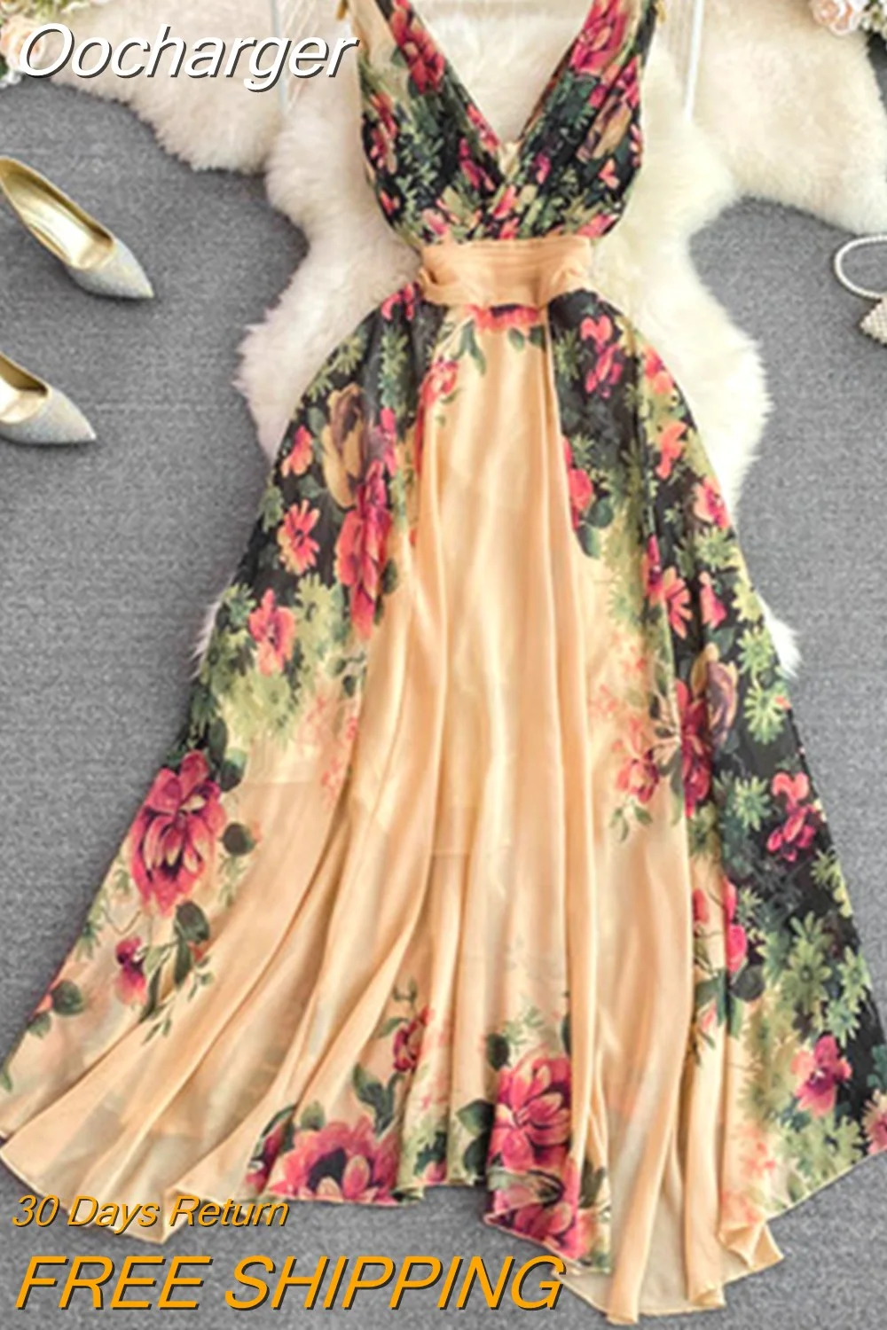 Oocharger V Neck Women Dresses Print Floral A-line Korean Fashion Summer Vestidos De Mujer Banquet Vintage Elegant Robe Femme