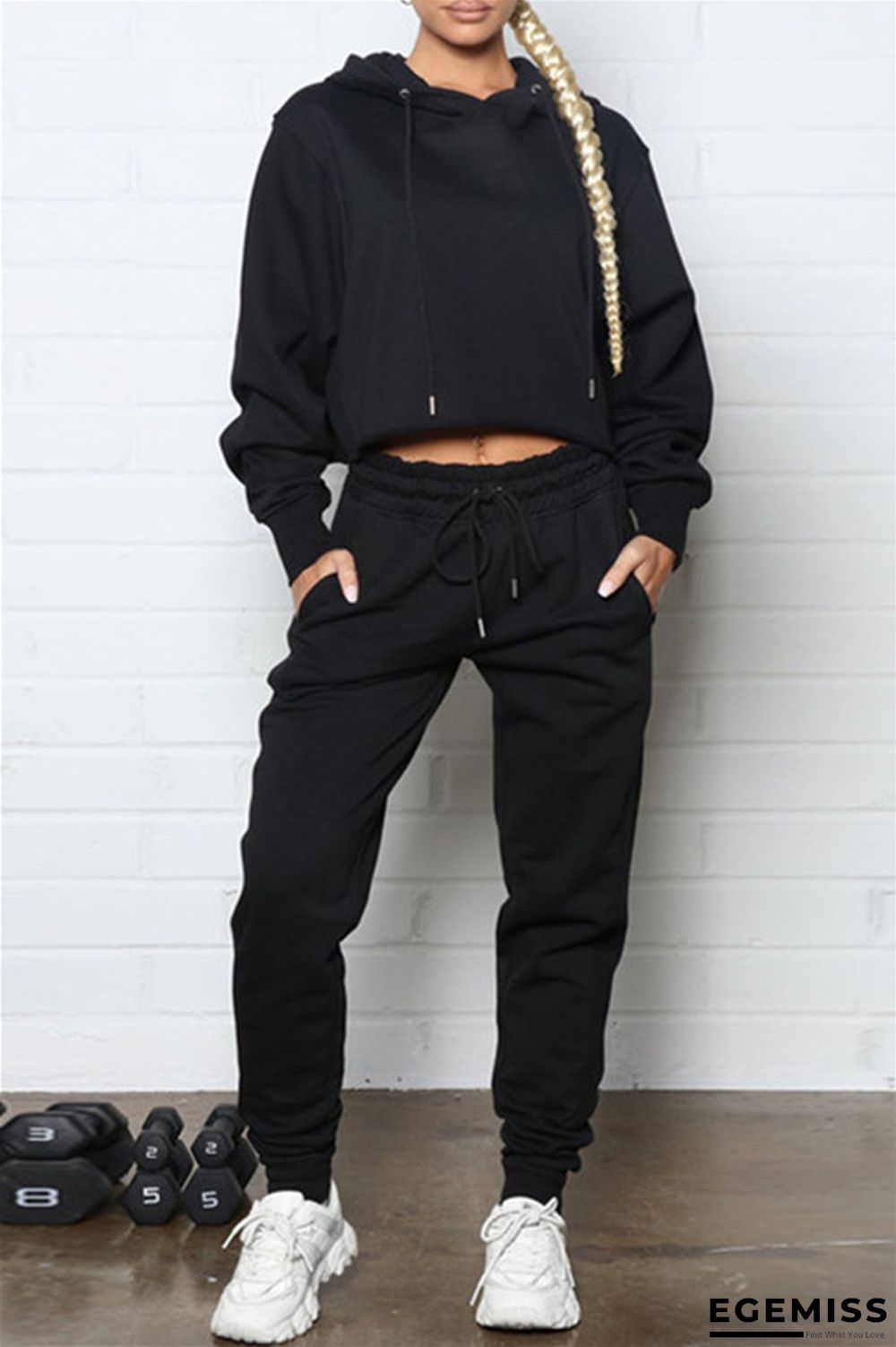 Black Fashion Casual Solid Basic Hooded Collar Long Sleeve Two Pieces | EGEMISS