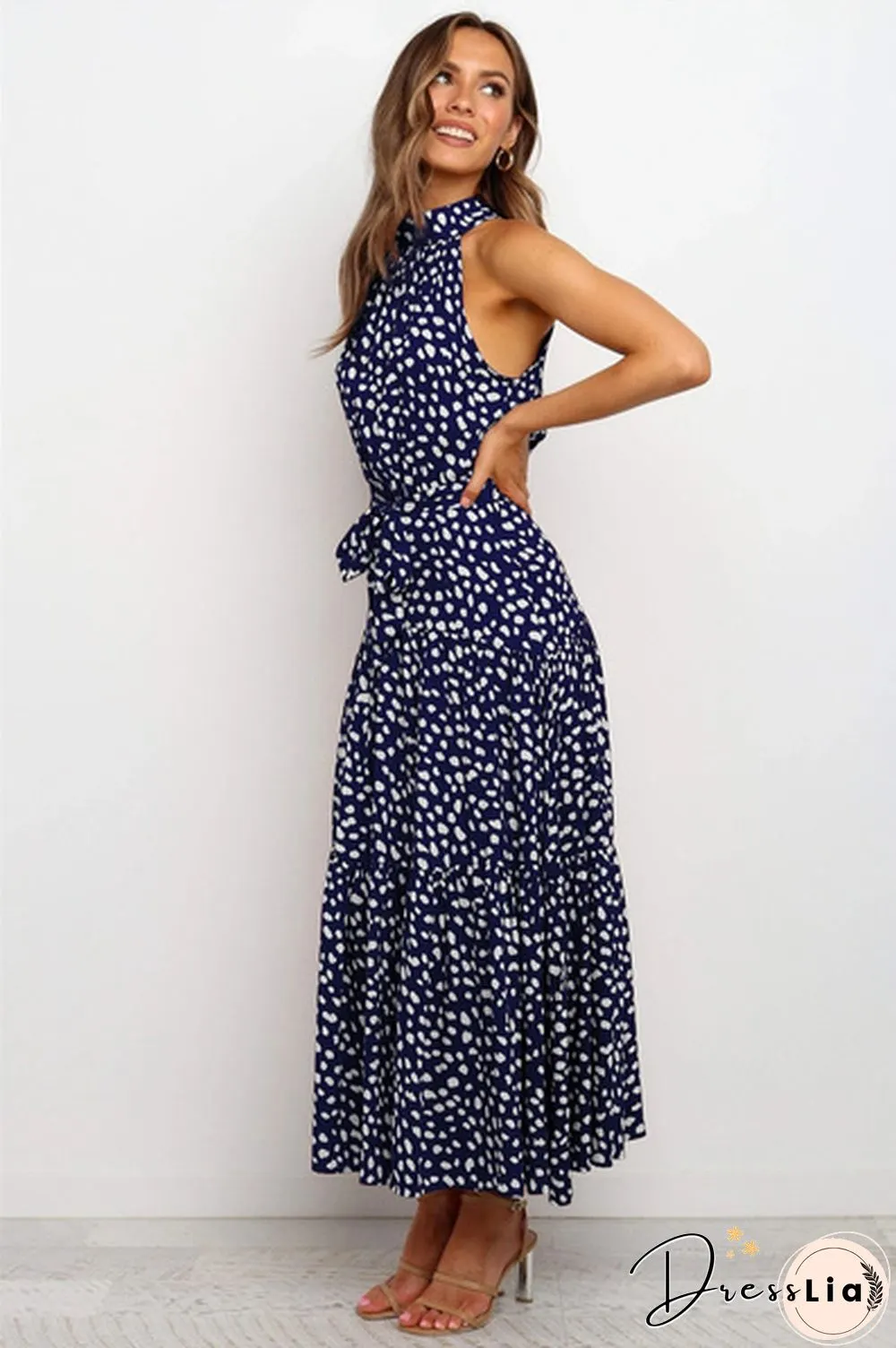 Plus Size Elegant Ladies Dress-Sleeveless-Collect Waist-Polka Dot-Long Boho Casual