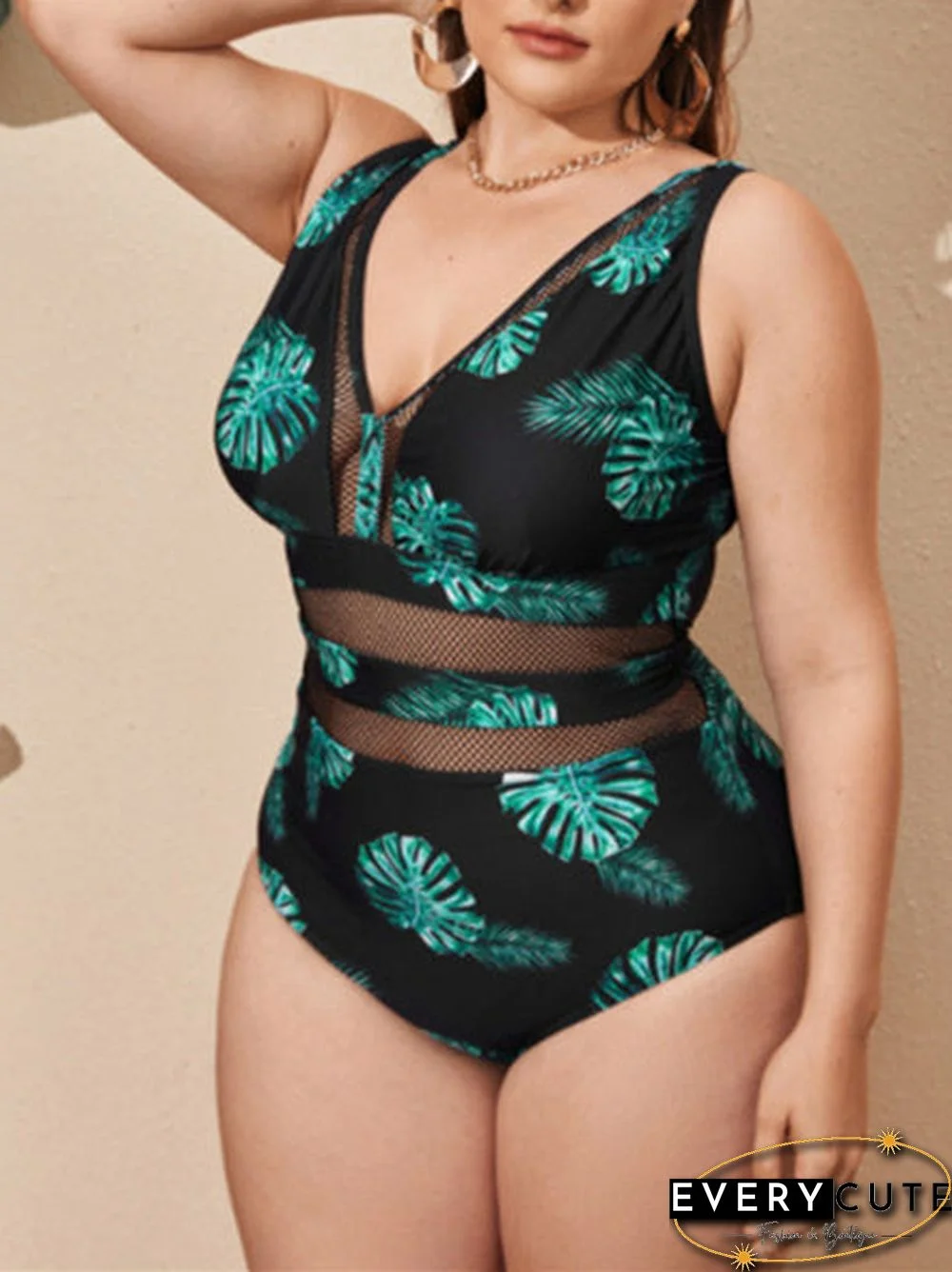 Plus Size Green Leaves Mesh Stitching Skinny One Piece Swimwear