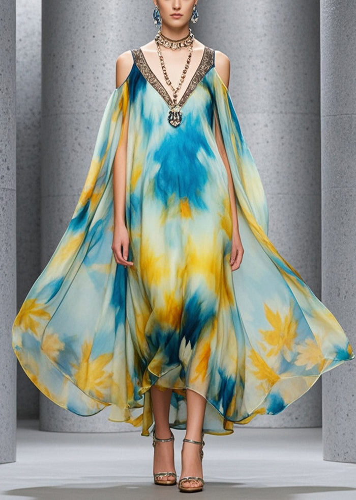 VCSHOES Cold Shoulder Tie Dye Chiffon Beach Dress Summer
