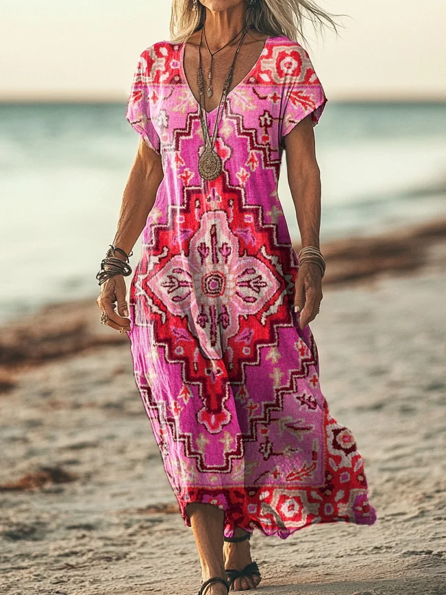 Women's Vintage Ethnic Floral Art Print Short Sleeve Pocket Cotton Linen Dress