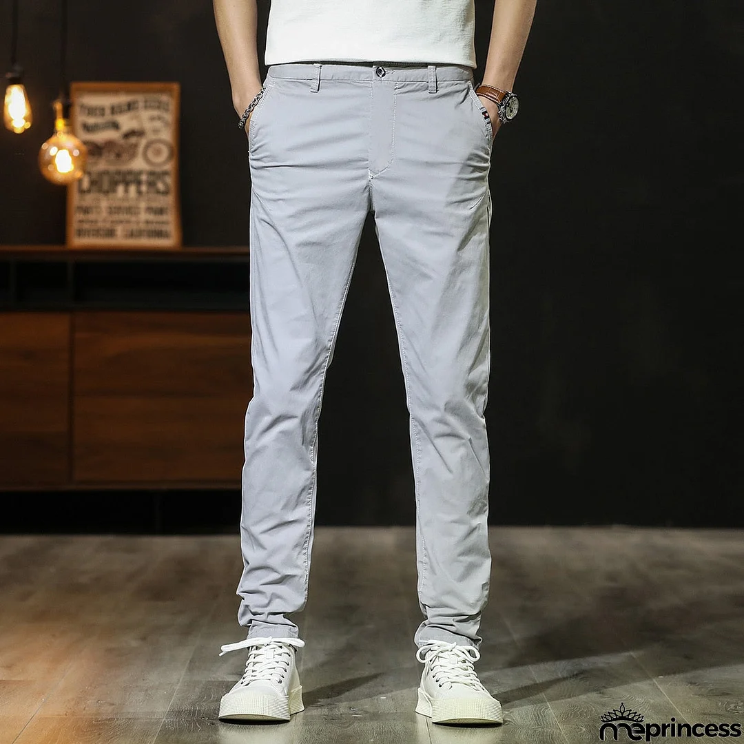 Men's Cotton Mid Waist Zipper Fly Closure Plain Casual Wear Pants
