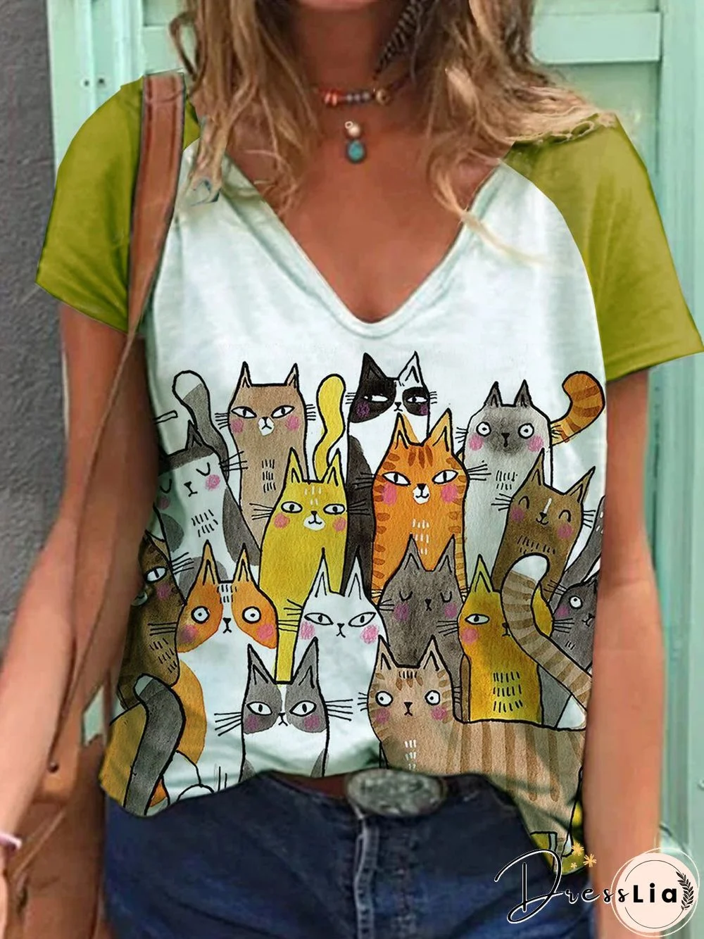 Animal Short Sleeve Printed Cotton-blend V neck Casual Summer Yellow Top