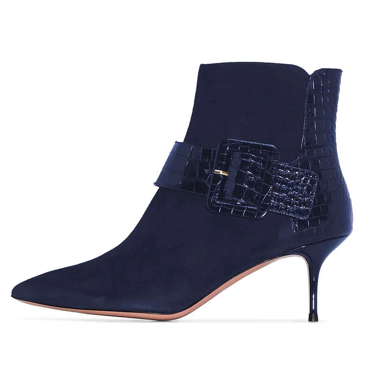 Blue Buckle Chunky Heel Boots Ankle Boots |FSJ Shoes