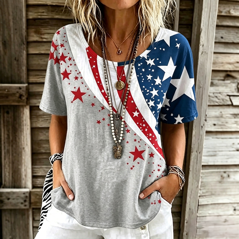  Women's Vintage Floral Flag Patchwork Art Print Tshirt Westsshops