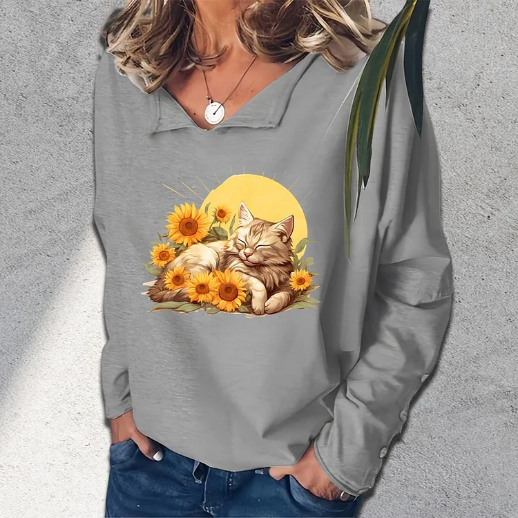 cat and sunflower V-neck loose  sweatshirt_G242-0023548