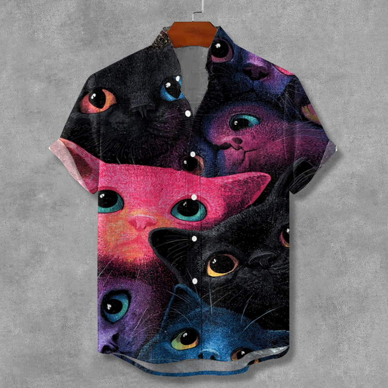 Comstylish Retro Black Cat Abstract Art Linen Shirt