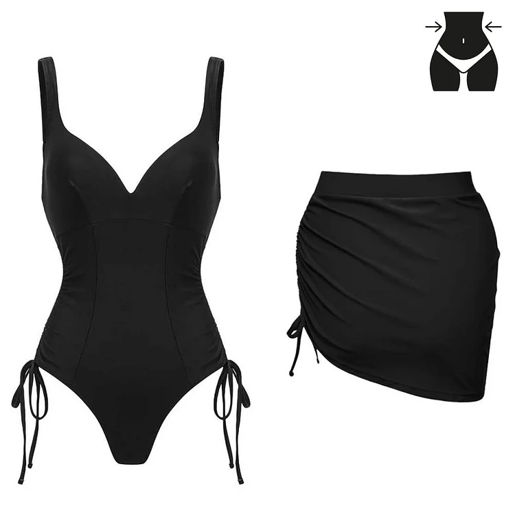 V-Neck Side Seam Drawcord Body Shaping Tummy Control One-Piece Swimsuit