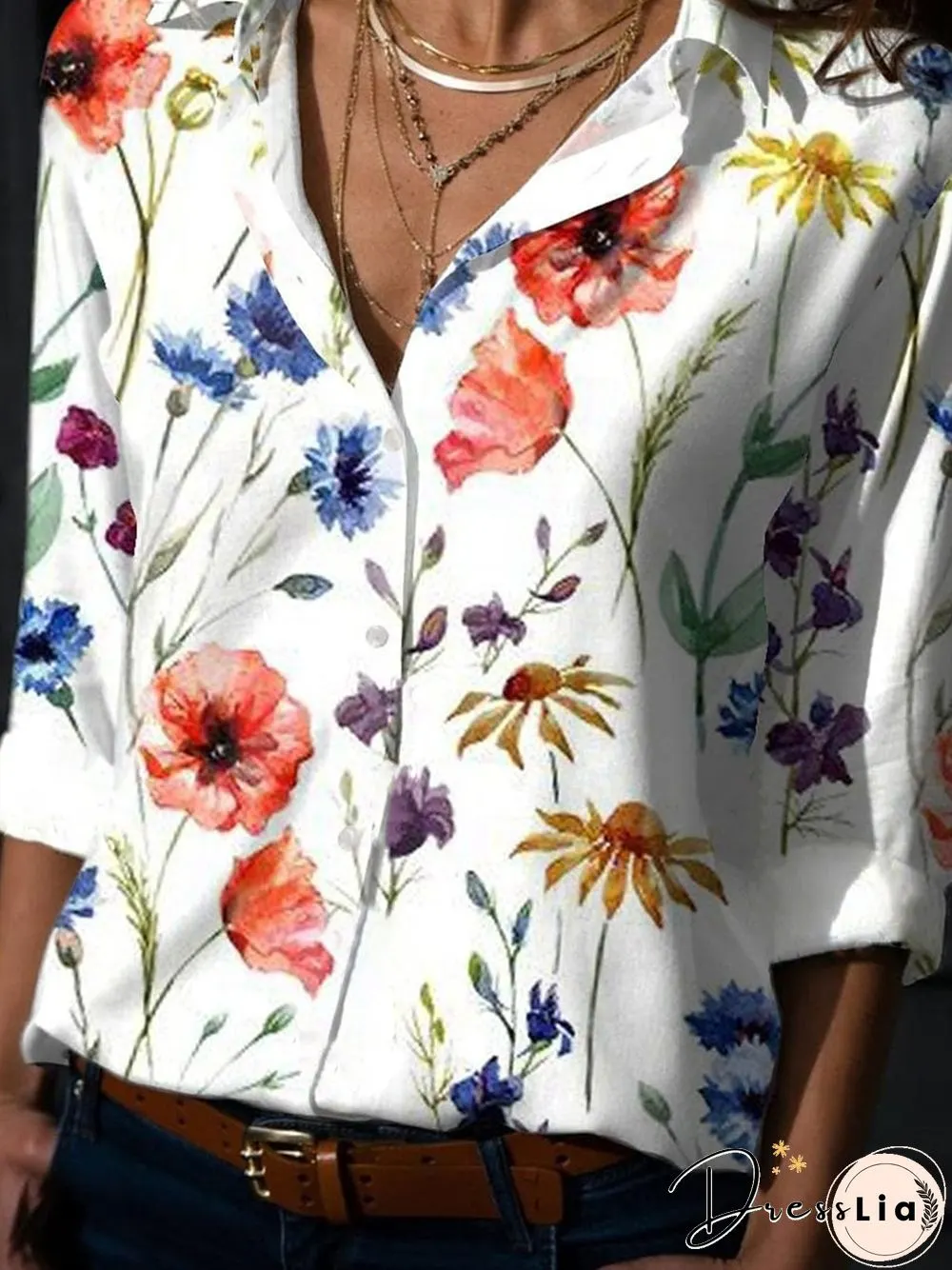 Floral Casual Shirt Collar Long Sleeve Blouse