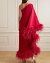 One Shoulder Feather Trimmed Crepe Gown