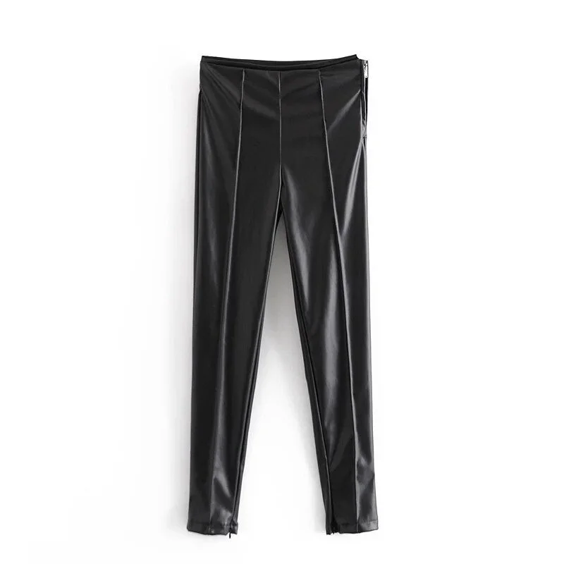 Women's PU Pants Brown Skinny Trouses High Waist Solid Pencil Pant Female Autumn 2020 Bodycon Faux Leather Elegant Black Pant za