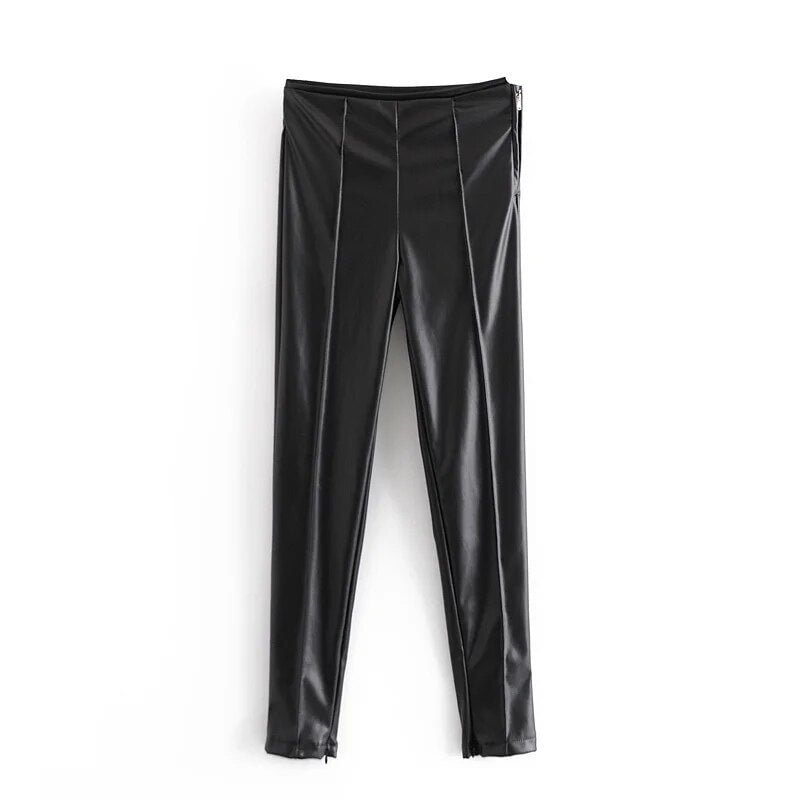 Women's PU Pants Brown Skinny Trouses High Waist Solid Pencil Pant Female Autumn 2020 Bodycon Faux Leather Elegant Black Pant za