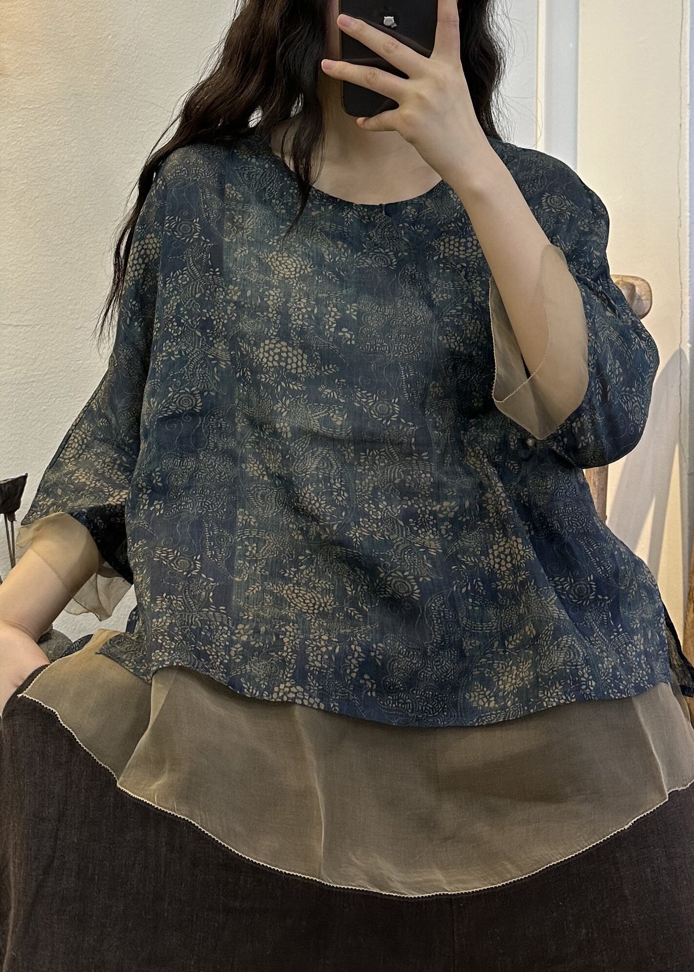 VCSHOES Loose Blue Button Print Patchwork Linen Shirt Spring