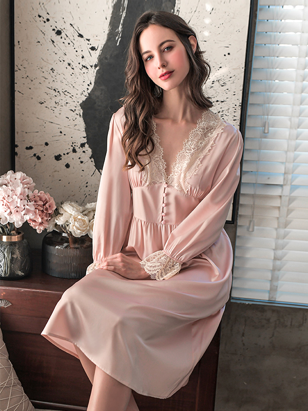 Clearance-19 Momme Royal Lacey Luxurious Silk Nightgown REAL SILK LIFE