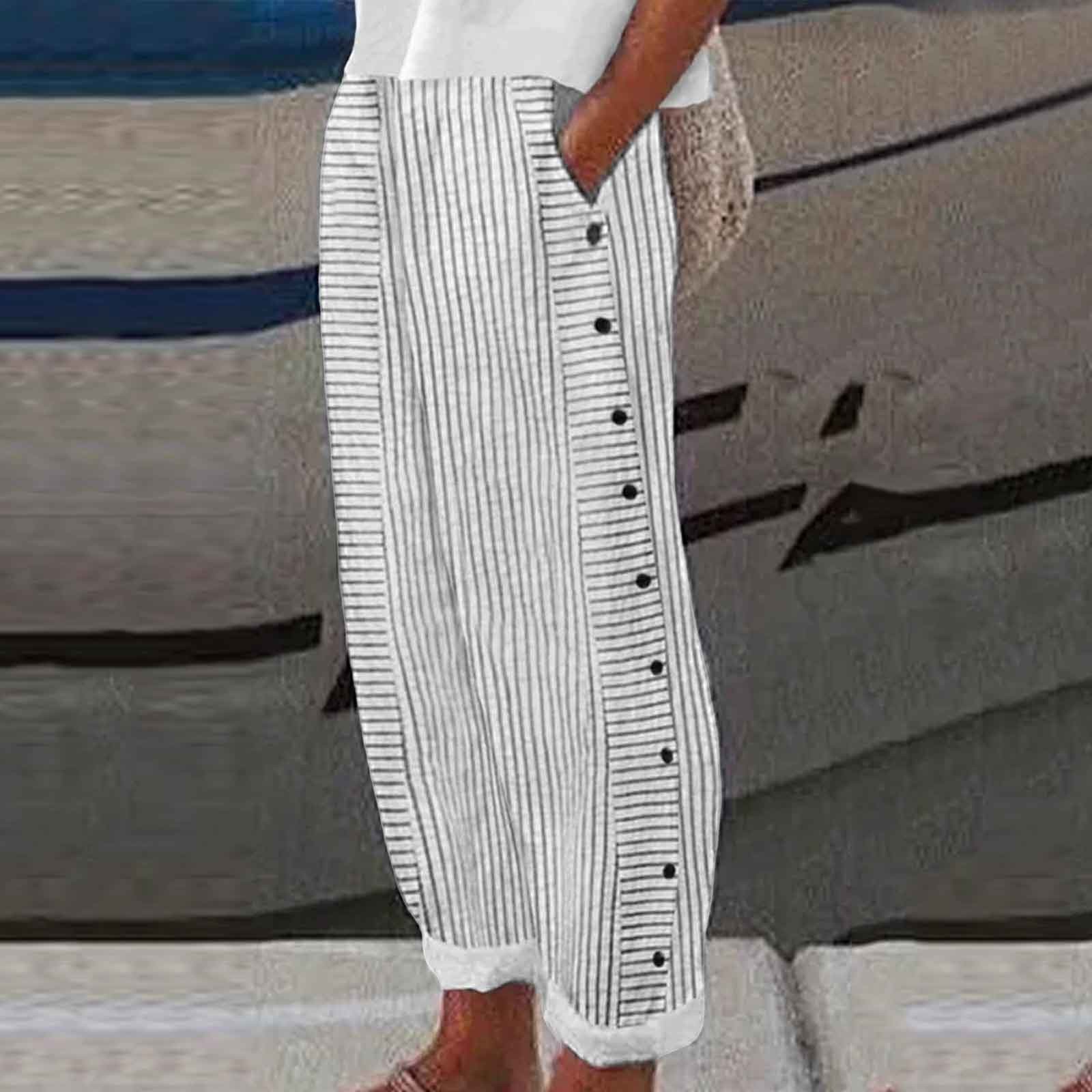 Mayfirstrecord Long Linen Pants Women Women Summer Fashion Striped Print Button Casual Versatile Loose High Waist Yoga Dress Pants For Women