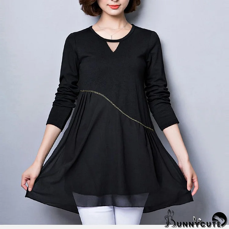 baggy loose black patchwork chiffon dresses plus size long sleeve casual dress