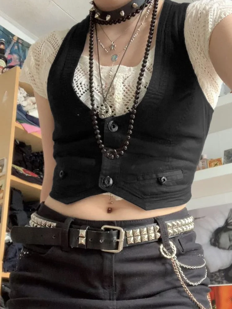 Rapcopter y2k Button Corset Top Black Sleeveless Tank Tops Skinny V Neck Aesthetic Punk Crop Top Grunge Fairycore Women Vests