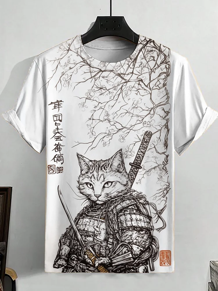 Men's Samurai Cat Japanese Art Print Casual T-Shirt