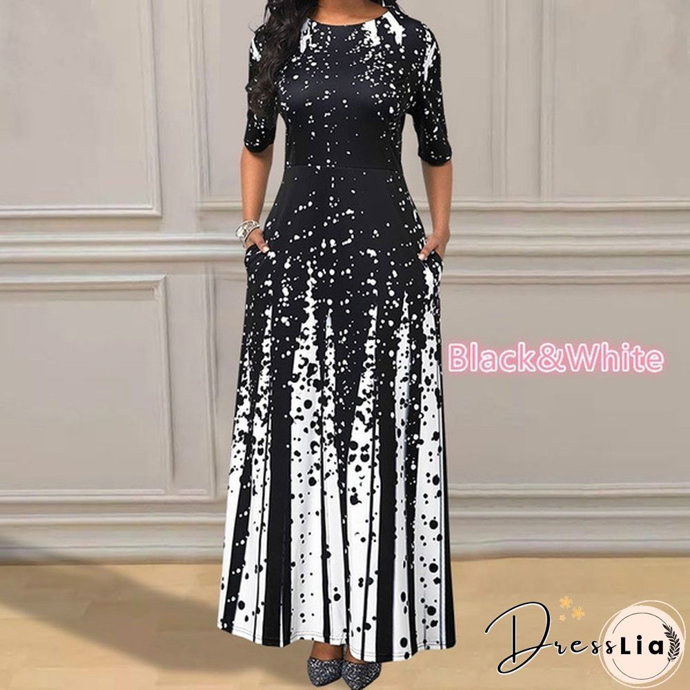 Women Button Detail Half Sleeve Floral Print Long Dress Gradient Maxi Dress