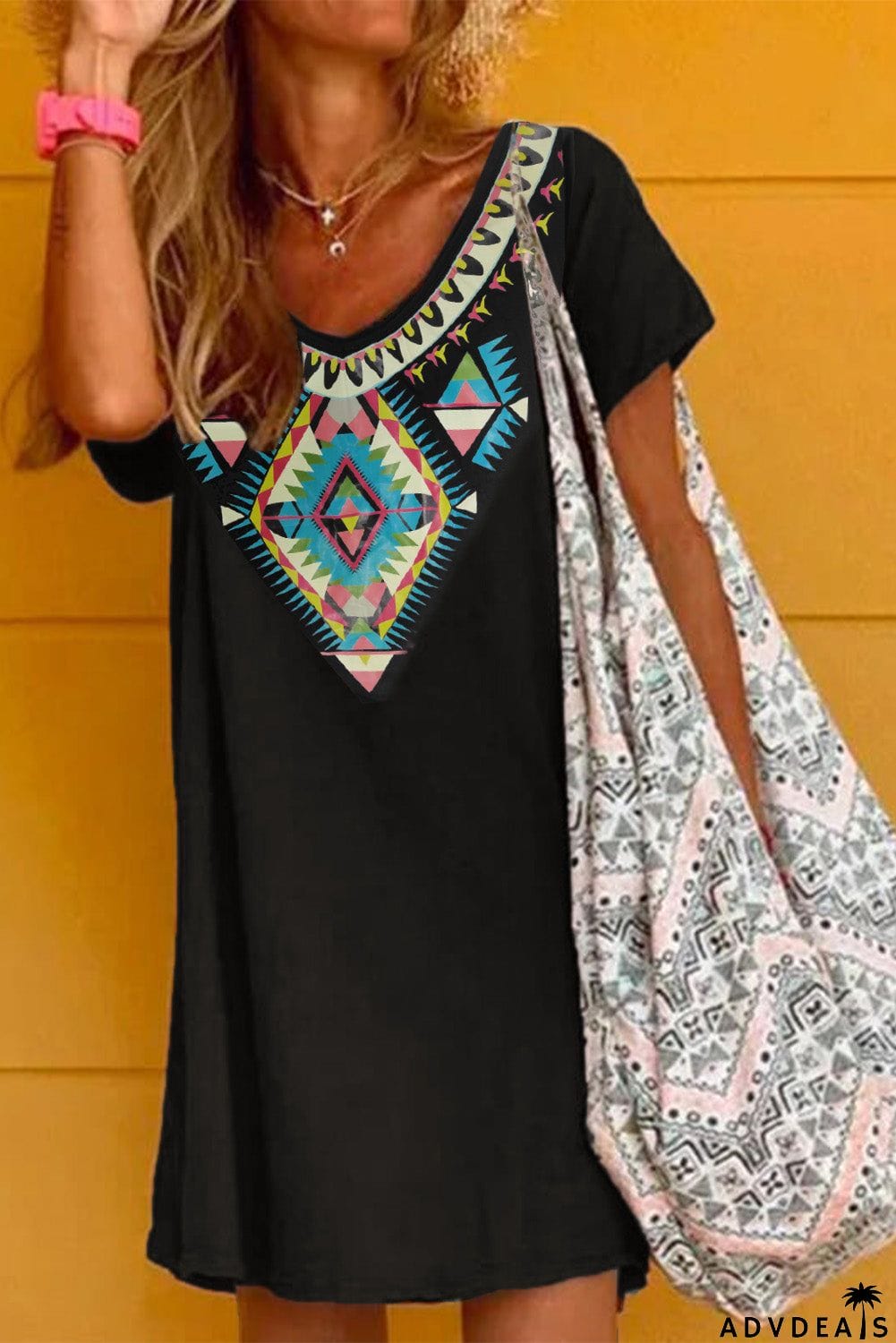 Boho Ethnic Print Short Sleeve Mini Dress