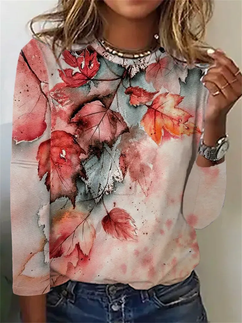Women Long Sleeve Scoop Neck Floral Printed Tops