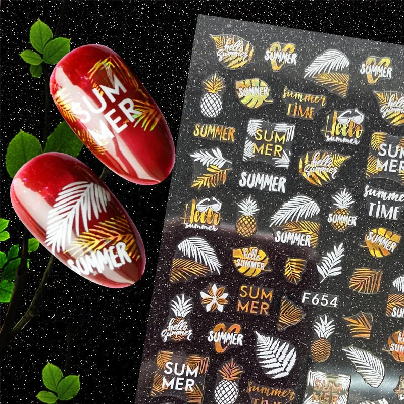 Summer Design 3D Stickers For Nails iridescent Black Gold Flower Leaf Series Decorations Sliders Nail Art Sticker Decals