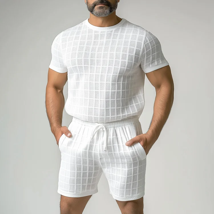Men's Grid Textured Short Sleeve T-Shirt & Drawstring Shorts 2Pcs Set