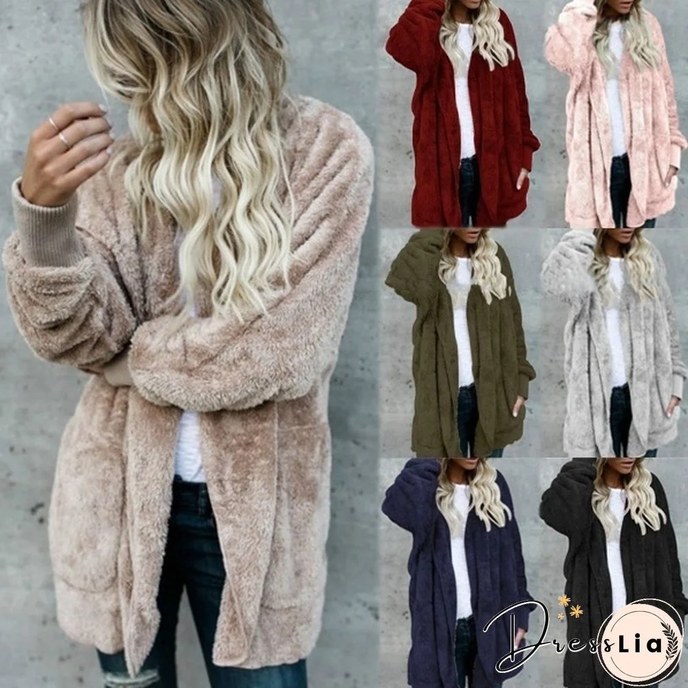 New Women’s Fashion Winter Warm Outwear Solid Color Long Sleeve Sweaters Hoodies Coats Loose Plush Cardigan Coat