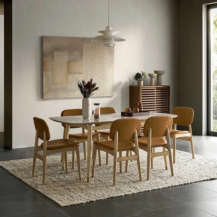Kelsey Marble Dining Table with 4 Leather Chairs, White Wash