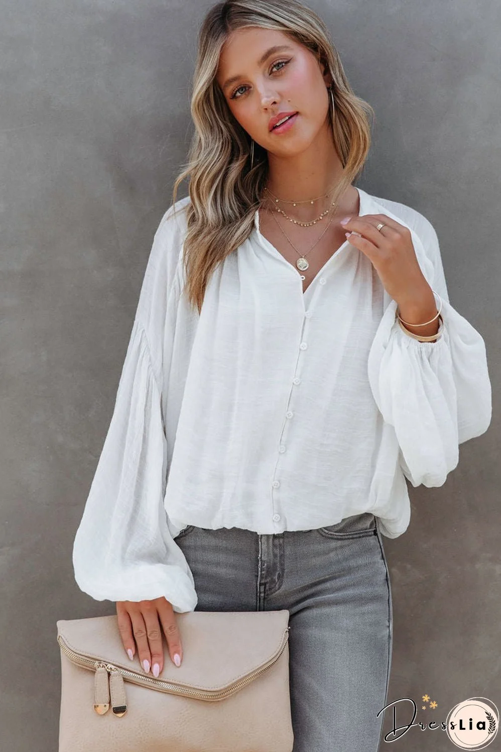 White V Neck Balloon Sleeve Shirt in Solid Color