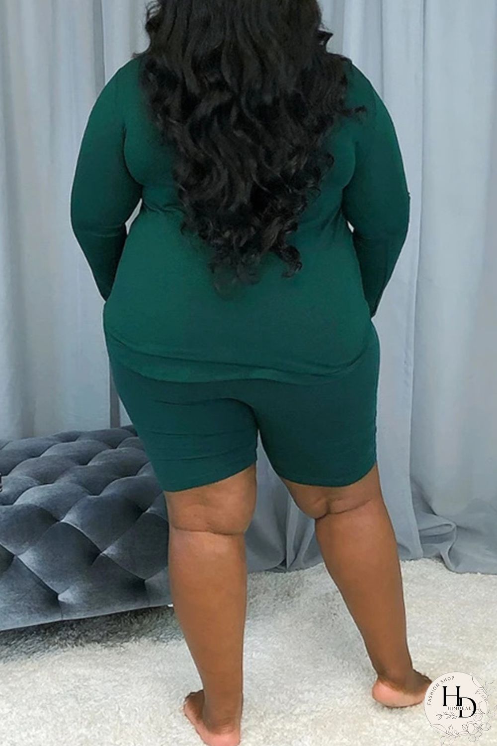 Ink Green Fashion Casual Patchwork Basic V Neck Plus Size Set