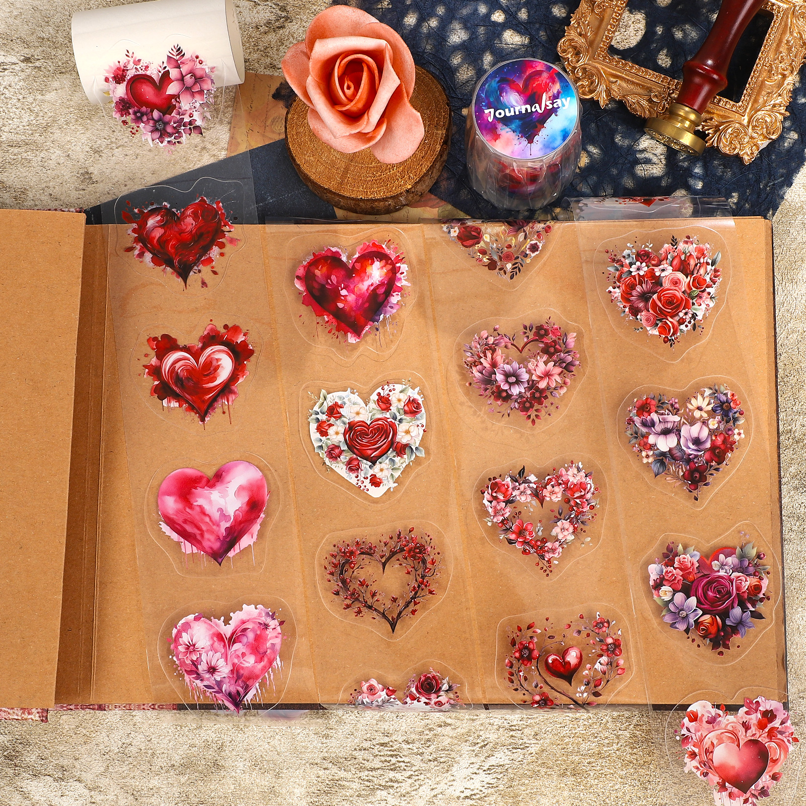 PET 테이프 - 60mm*200cm 빈티지 발렌타인 하트 꽃 무늬