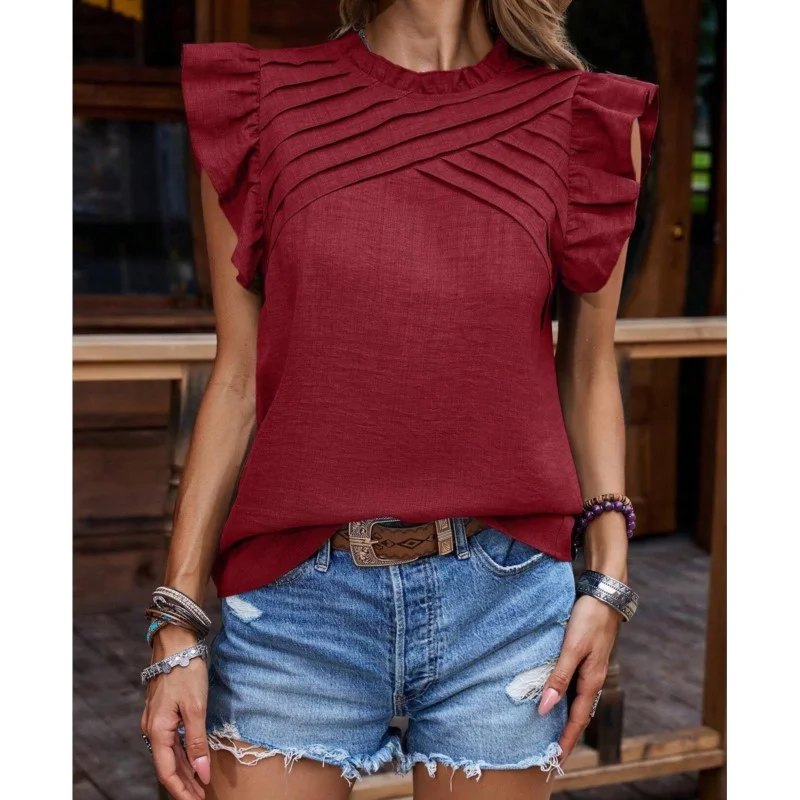 Women's Elegant Design Casual Solid Butterfly Ruffle Sleeve Blouse T-shirt