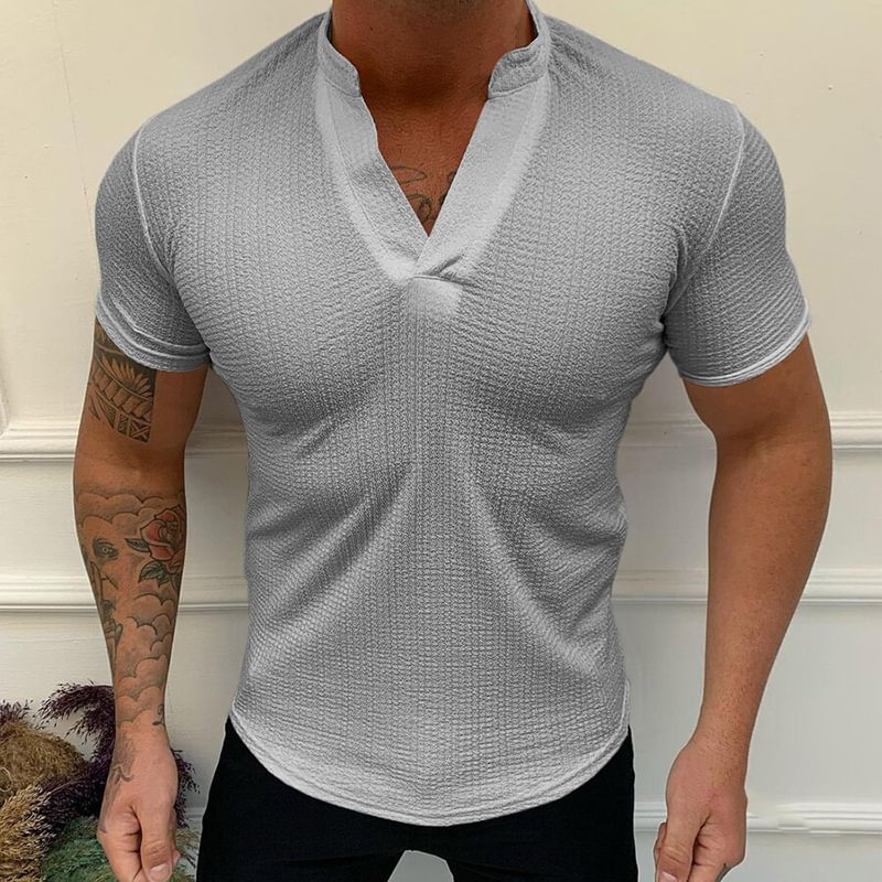 Summer Men's Solid V-Neck Casual Short Sleeve T-Shirts-VESSFUL