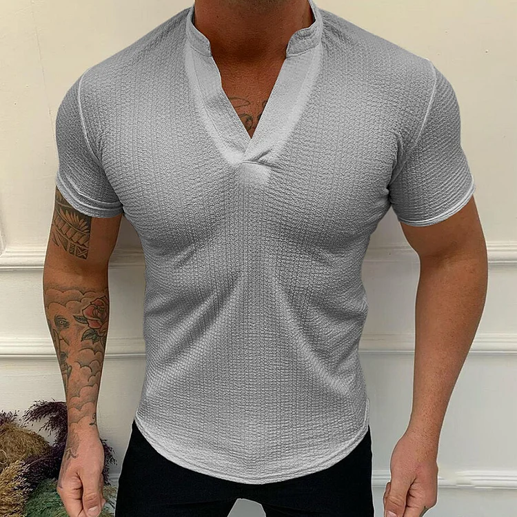 Summer Men's Solid V-Neck Casual Short Sleeve T-Shirts at Hiphopee