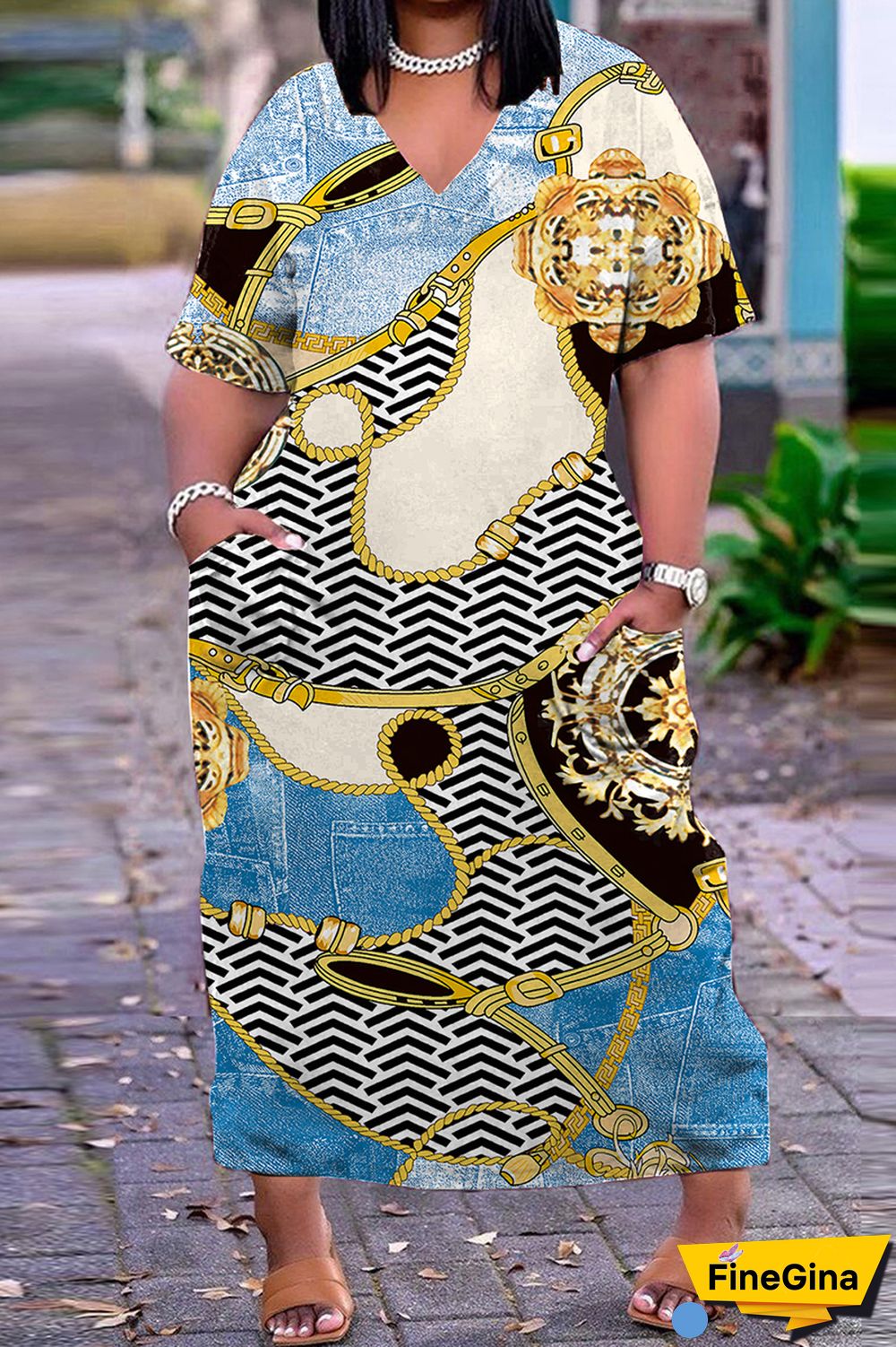 Light Blue Casual Print Patchwork V Neck Short Sleeve Dress