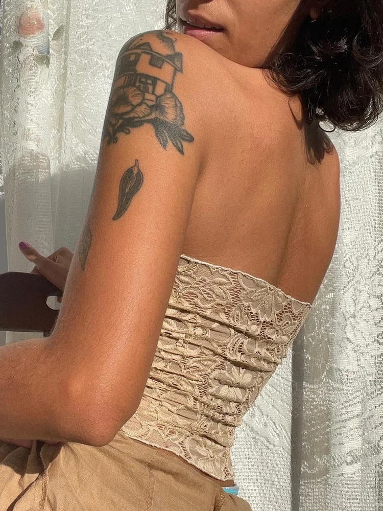 Rapcopter Floral Retro Tube Top y2k Lace Patched Backless Strapless Crop Top Boho Party Beach Mini Vest Women Charming Camisole