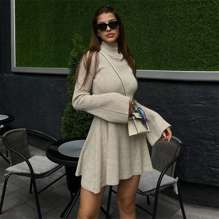 Uveng Uveng Knitted High-Necked Dress 2023 Solid Color A Word Autumn And Winter Bag Hip Short Sweater Skirt
