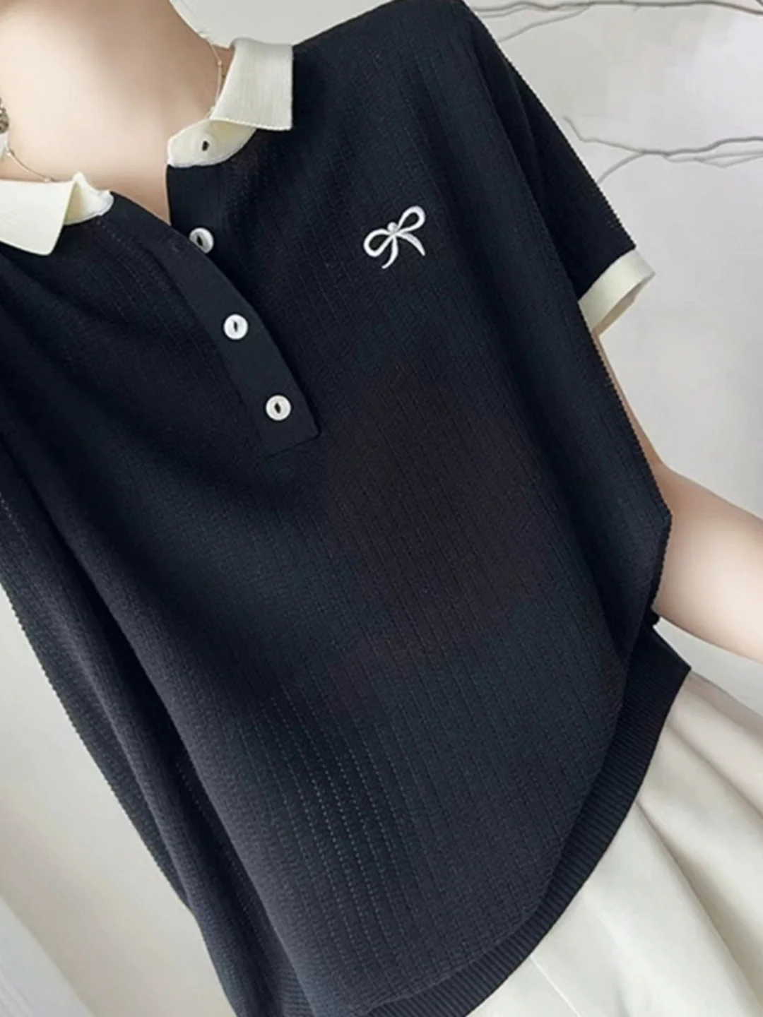 Athvotar Athvotar Collared Thorned Bow Embroidered Short-Sleeved T-Shirt Girl's Small Fragrant Wind Age Relaxed Temperament Ice Silk Knitted Shirt Tide